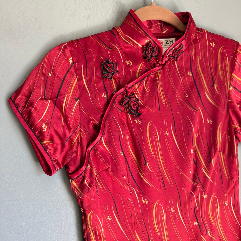 Vintage Chinese Qipao Women's XS/32 Red Black 100% Dress Mandarin Collar Retro - Picture 5 of 12